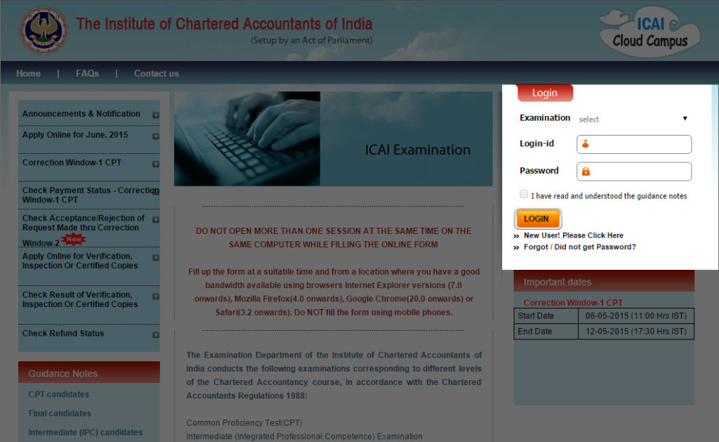 institute of chartered accountant of india web site to submit online exam form
