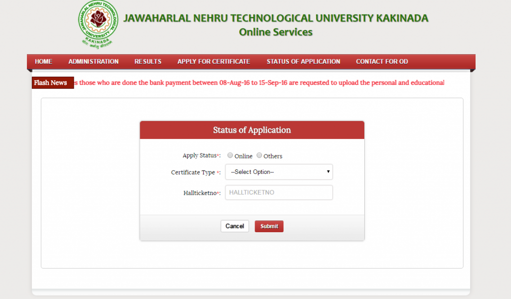 jntuk od application status